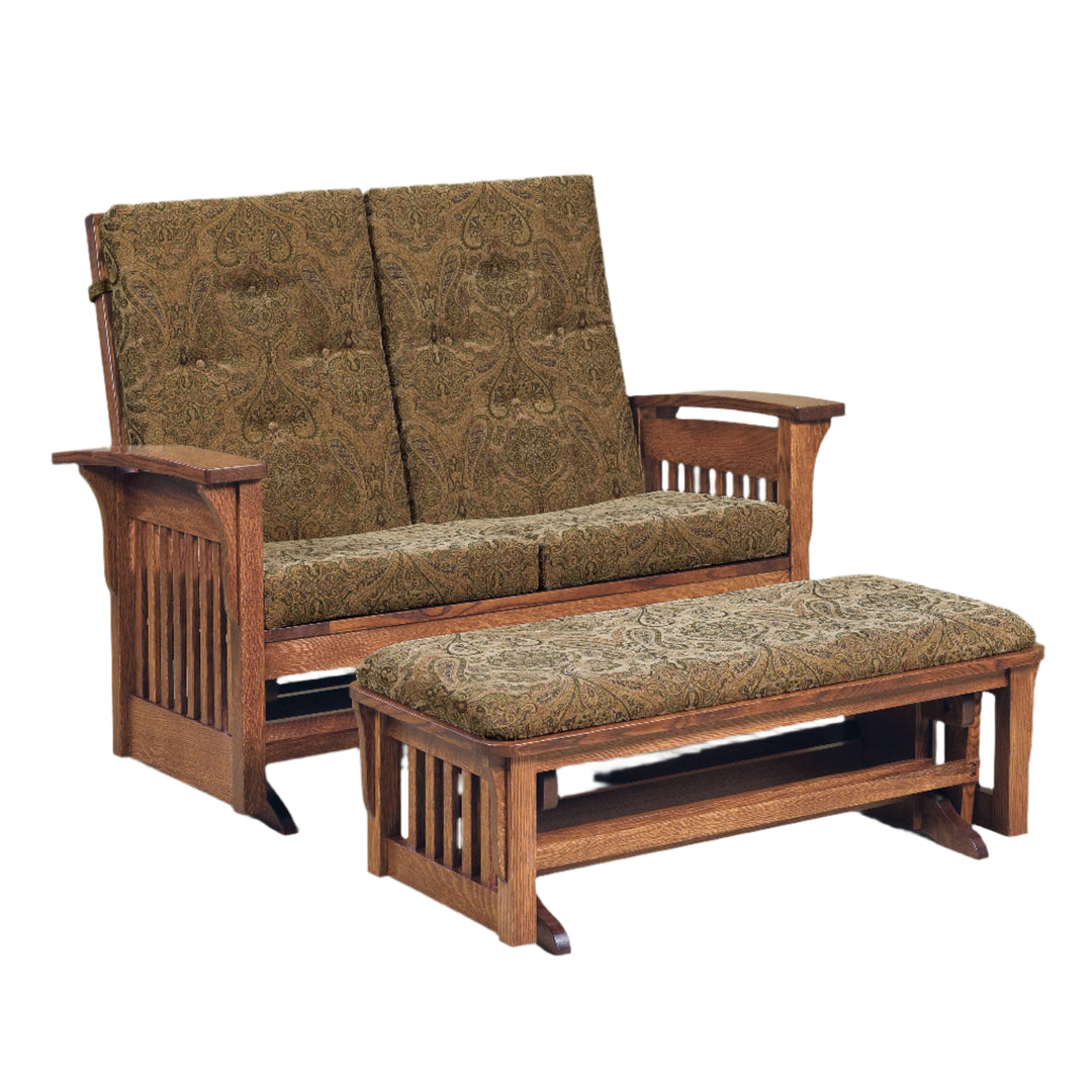 QW Amish Bow Arm Slat Gliding Loveseat w/ Ottoman