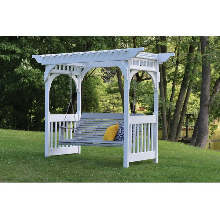 Berlin Gardens Vinyl Swing Arbor in White with 3 Seat Swing BGVSA900GAPLTS6000SS