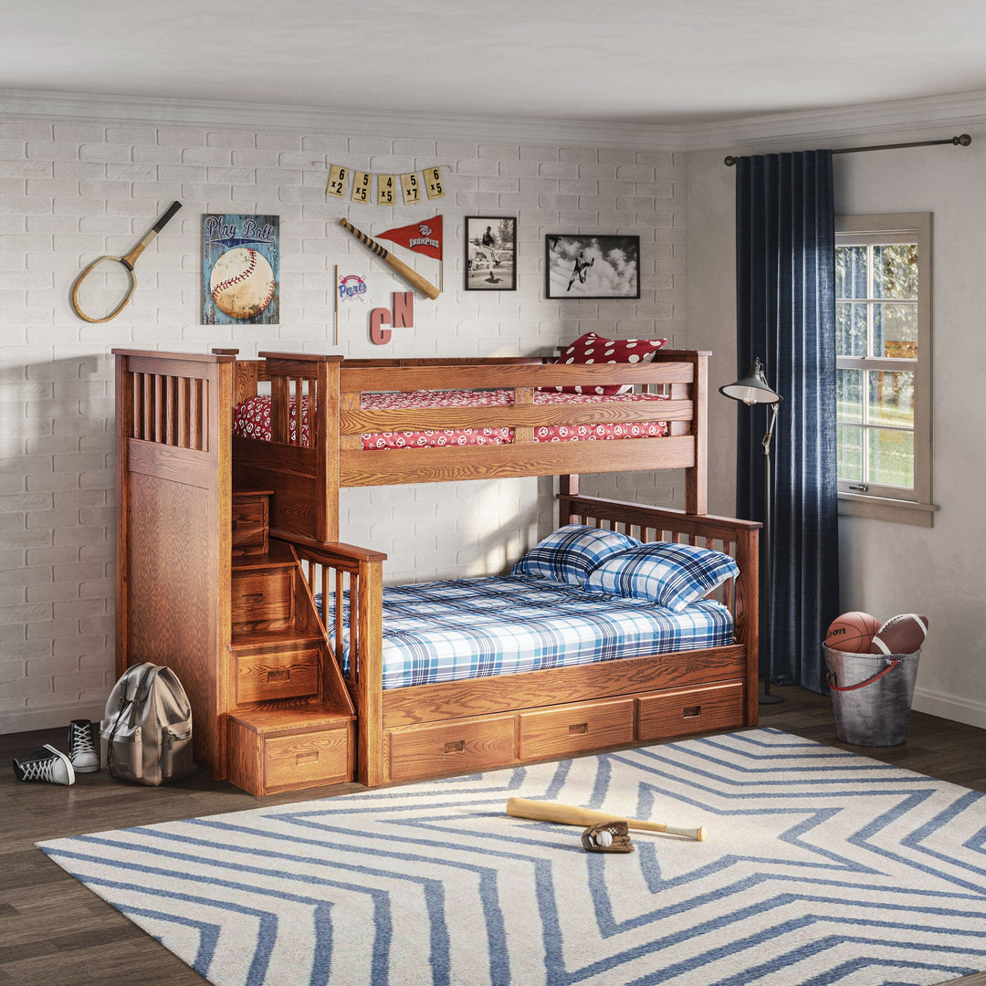 QW Amish Miller's Mission Twin/Full Bunk with Bed Storage and Storage Steps