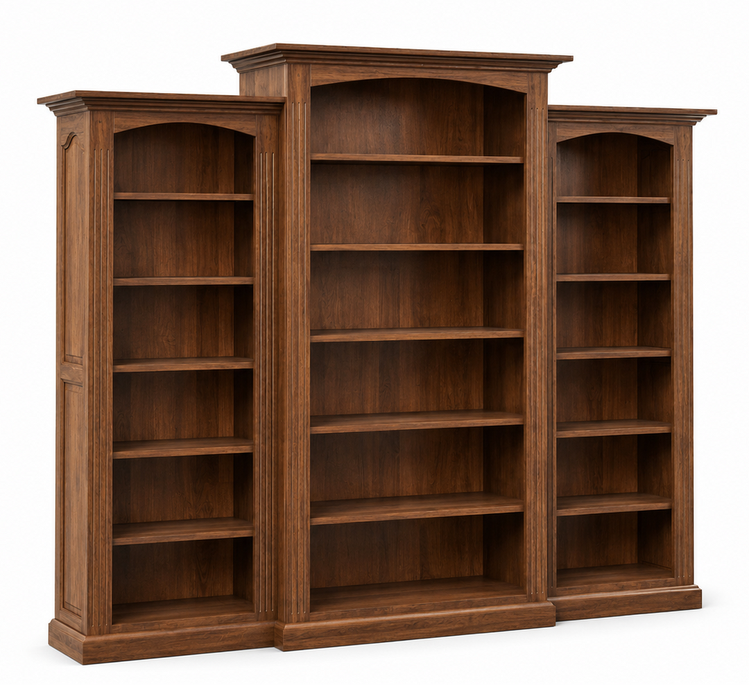 A three-compartment wooden bookcase with a rich medium-brown finish, featuring arched top frames and multiple shelves, shown on a solid white background.