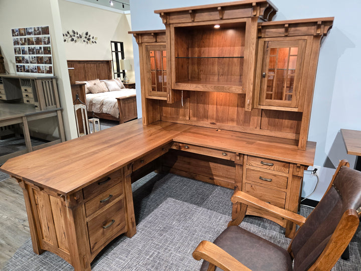 Clearance Manitoba L Shape Desk with Hutch + Leather Upholstered Desk Chair