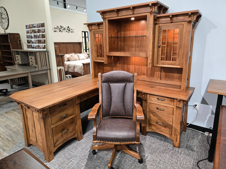 Clearance Manitoba L Shape Desk with Hutch + Leather Upholstered Desk Chair