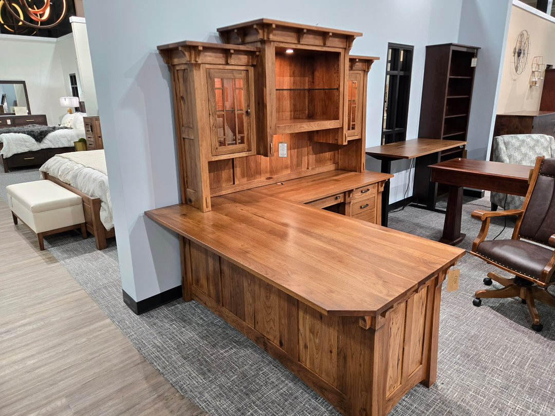 Clearance Manitoba L Shape Desk with Hutch + Leather Upholstered Desk Chair