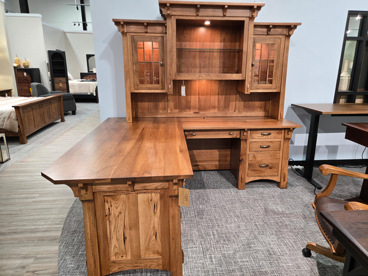 Clearance Manitoba L Shape Desk with Hutch + Leather Upholstered Desk Chair