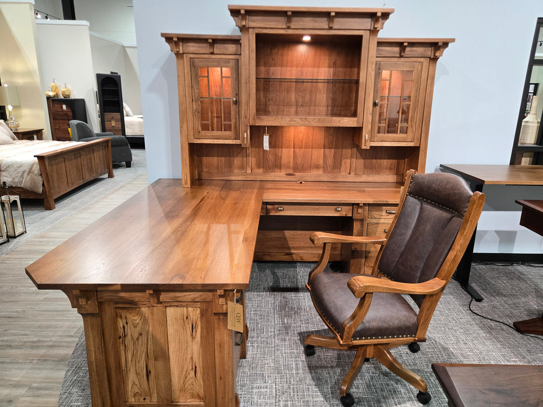Clearance Manitoba L Shape Desk with Hutch + Leather Upholstered Desk Chair