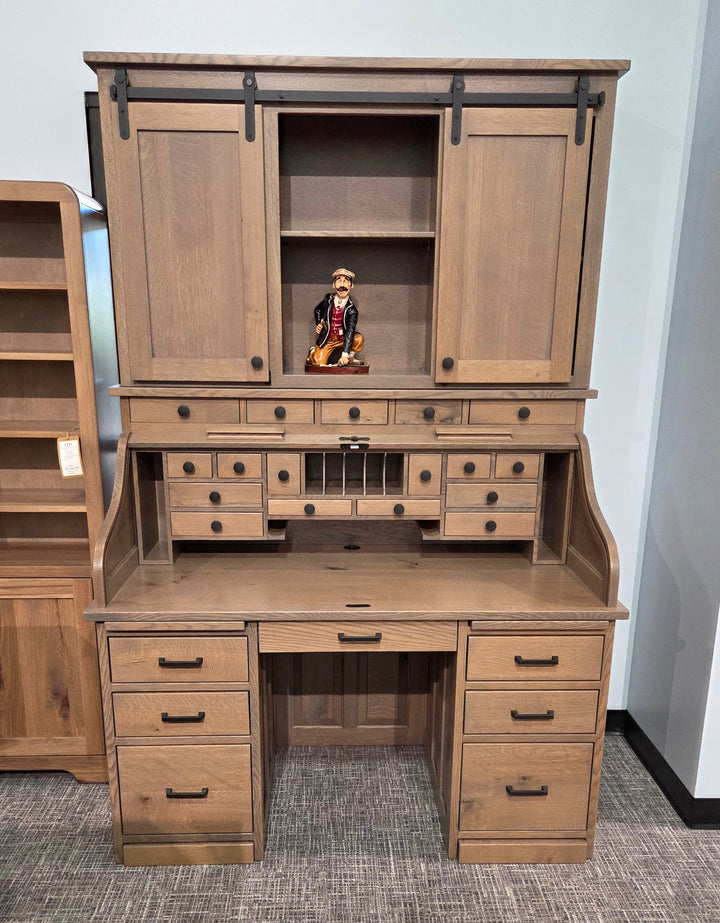 Clearance 56" Roll Top Desk with Barn Door Hutch