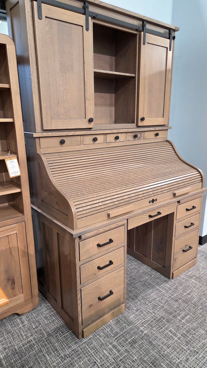 Clearance 56" Roll Top Desk with Barn Door Hutch