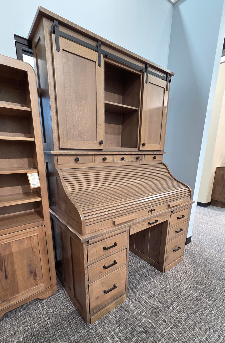 Clearance 56" Roll Top Desk with Barn Door Hutch