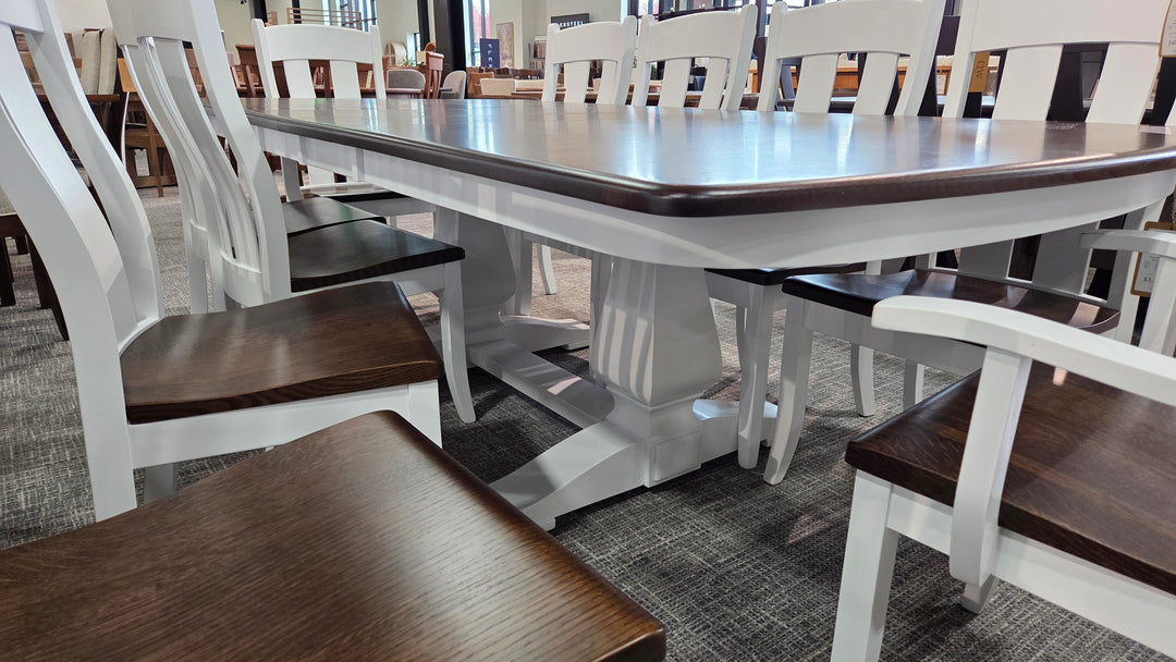 Clearance Stacy 48x72 w/ 2-12" Leaves Quarter Sawn White Oak/Maple 2-Tone Table and 10 Austin Chairs