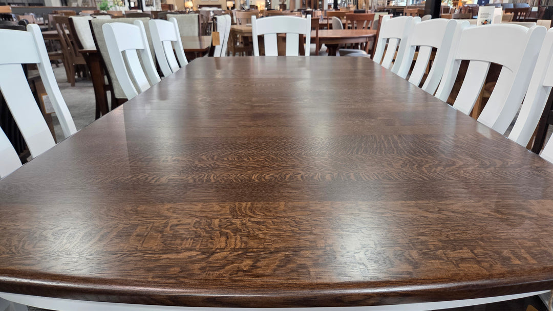 Clearance Stacy 48x72 w/ 2-12" Leaves Quarter Sawn White Oak/Maple 2-Tone Table and 10 Austin Chairs