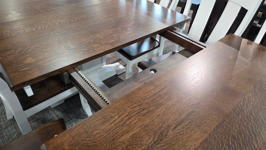 Clearance Stacy 48x72 w/ 2-12" Leaves Quarter Sawn White Oak/Maple 2-Tone Table and 10 Austin Chairs