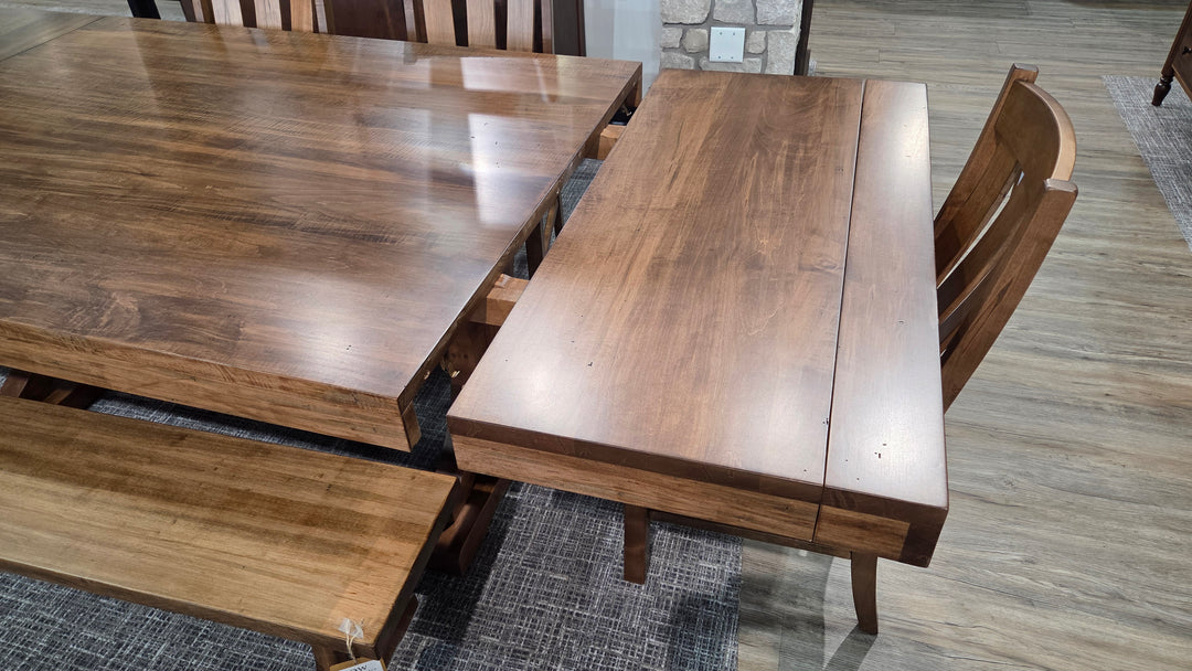 Clearance Karlisle 48x72 w/ 2-18" Leaves Wormy Maple Table, Bench and 4 Carr Chairs