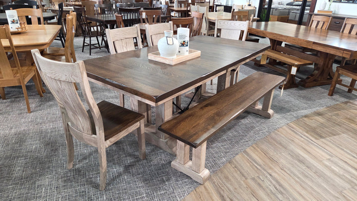 Clearance Rhino 42x84 w/ 1-18" Leaf Rustic White Oak Table, Bench and 4 Jasper Chairs