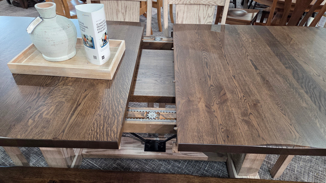 Clearance Rhino 42x84 w/ 1-18" Leaf Rustic White Oak Table, Bench and 4 Jasper Chairs