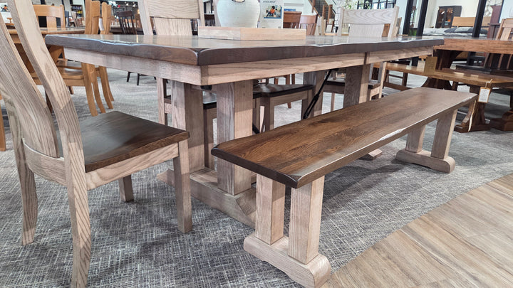 Clearance Rhino 42x84 w/ 1-18" Leaf Rustic White Oak Table, Bench and 4 Jasper Chairs