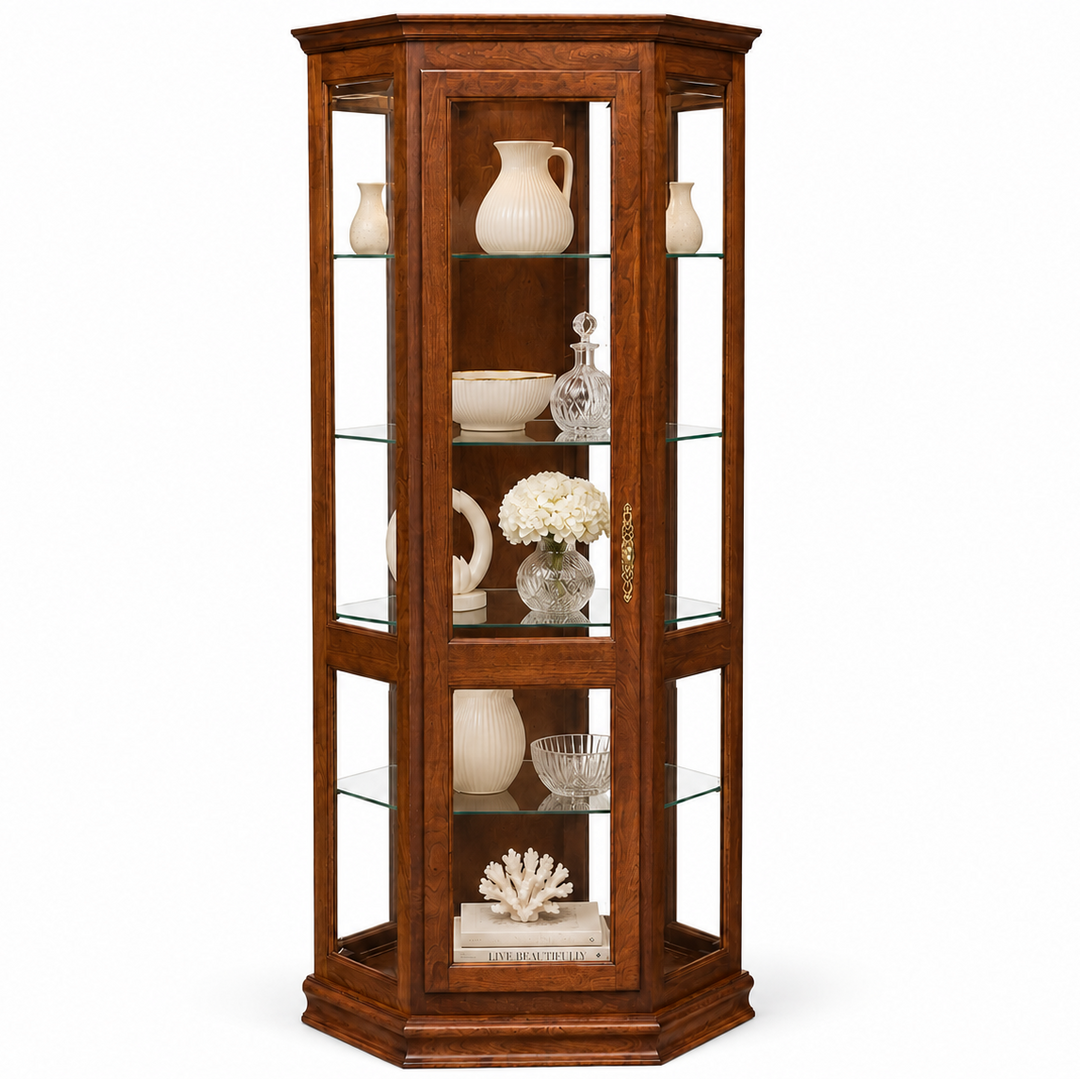 A tall hexagonal corner display cabinet with a warm brown wood finish, featuring glass doors and multiple glass shelves displaying decorative home items.