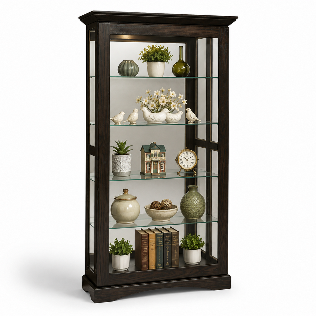 A tall dark wood display cabinet with glass shelves, styled with various home decor items including plants, vases, books, and a small clock, shown on a white background.