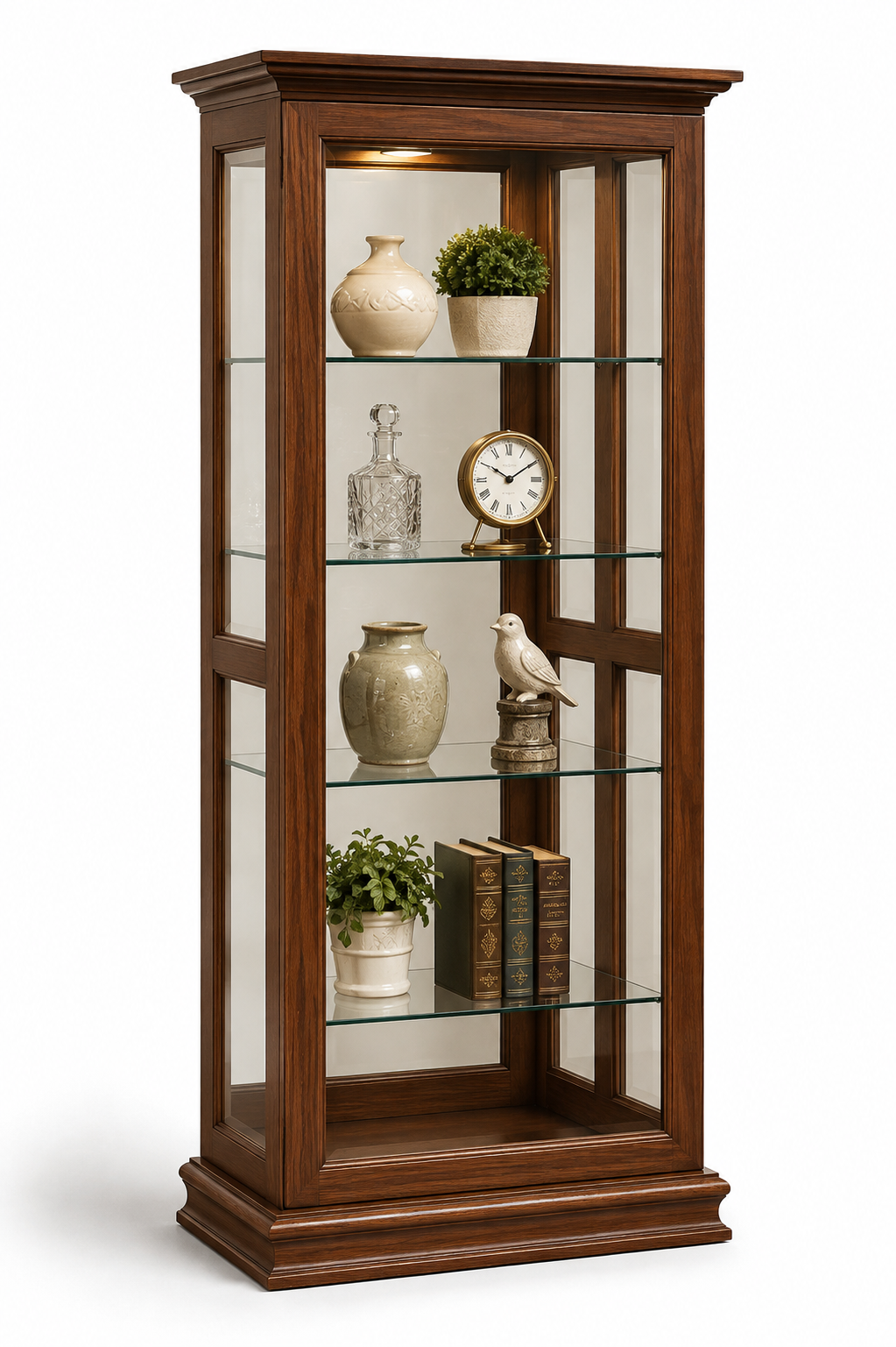 A tall wooden display cabinet with glass doors and five glass shelves, styled with decorative vases, a clock, books, and small potted plants, shown on a white background.