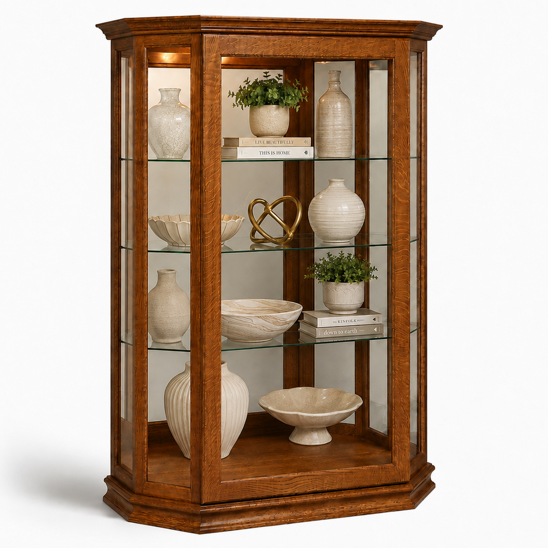 A corner display cabinet with a warm medium-brown wood finish, featuring glass doors, five glass shelves, and decorative ceramic vases, bowls, and books displayed inside, set against a plain white background.