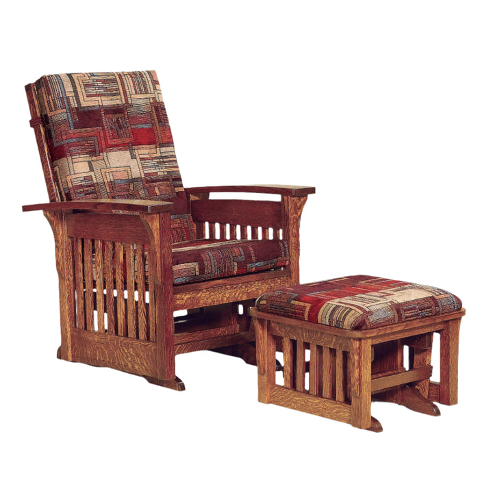 Bow Arm Collection glider chair and ottoman with multicolored fabric upholstery on a white background.