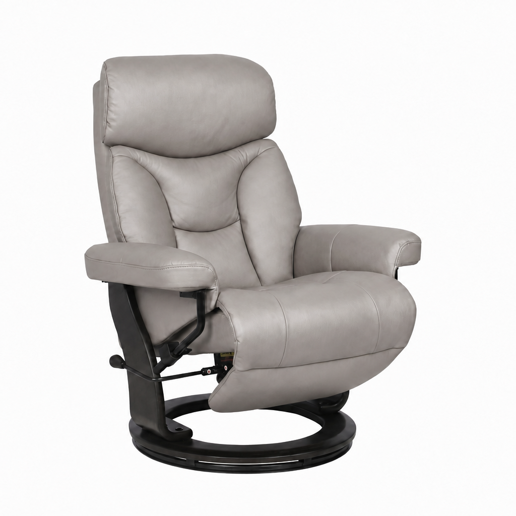 A light gray upholstered recliner chair with a black swivel base, shown on a plain white background.