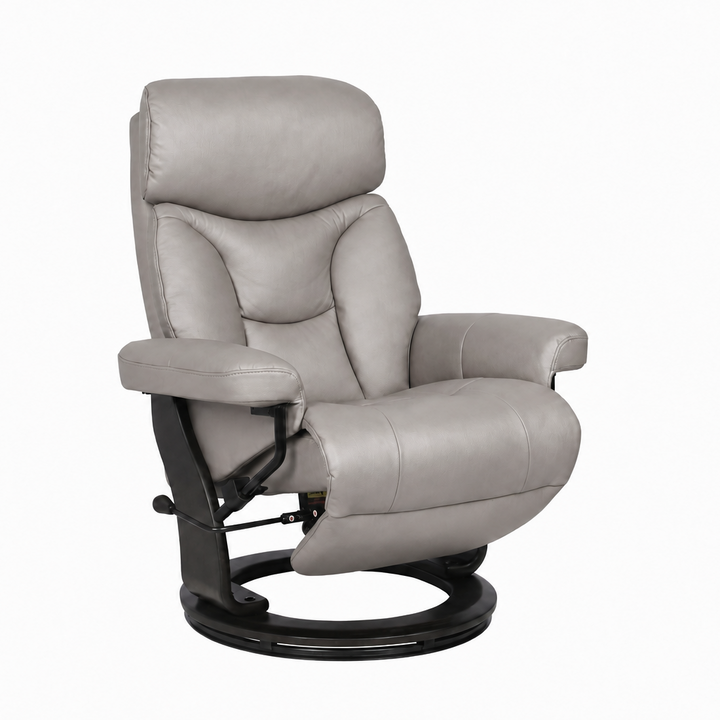 A light gray upholstered recliner chair with a black swivel base, shown on a plain white background.