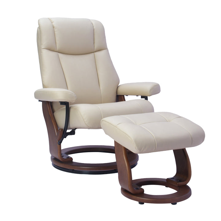 Beige recliner chair with ottoman on a white background