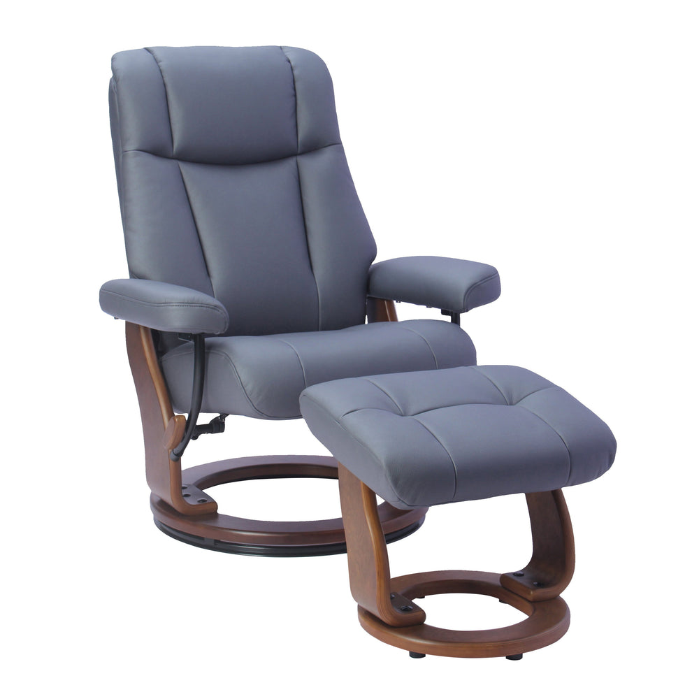 Gray recliner chair with wooden base on a white background