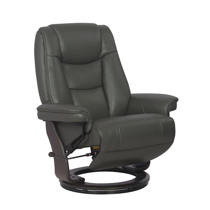 A dark gray leather recliner chair with a swivel base, shown from a three-quarter angle against a plain white background.