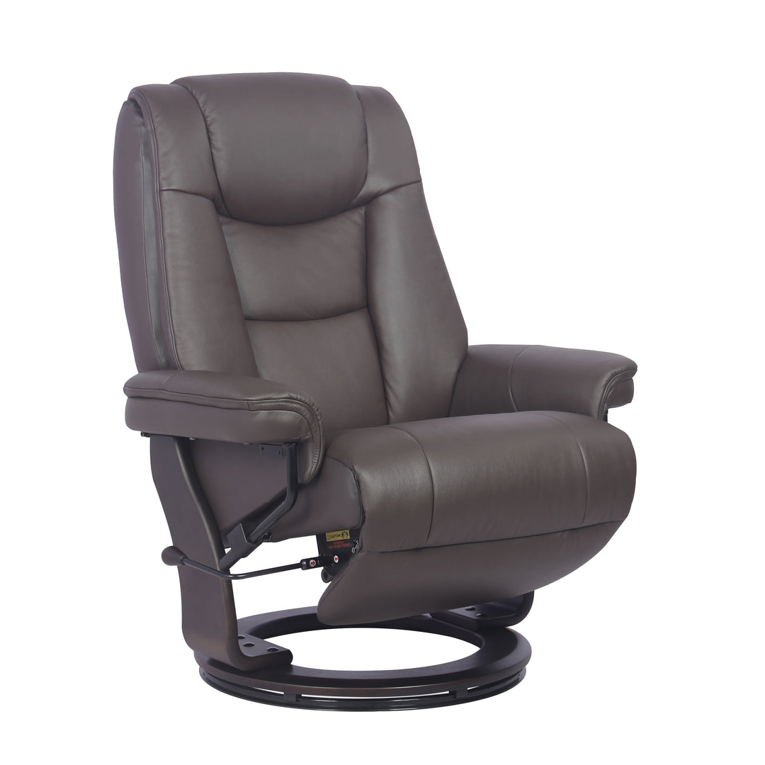 A dark brown leather recliner swivel chair with a high backrest and circular base, shown from a three-quarter angle on a white background.