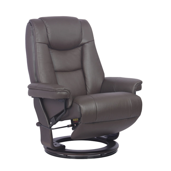 A dark brown leather recliner swivel chair with a high backrest and circular base, shown from a three-quarter angle on a white background.