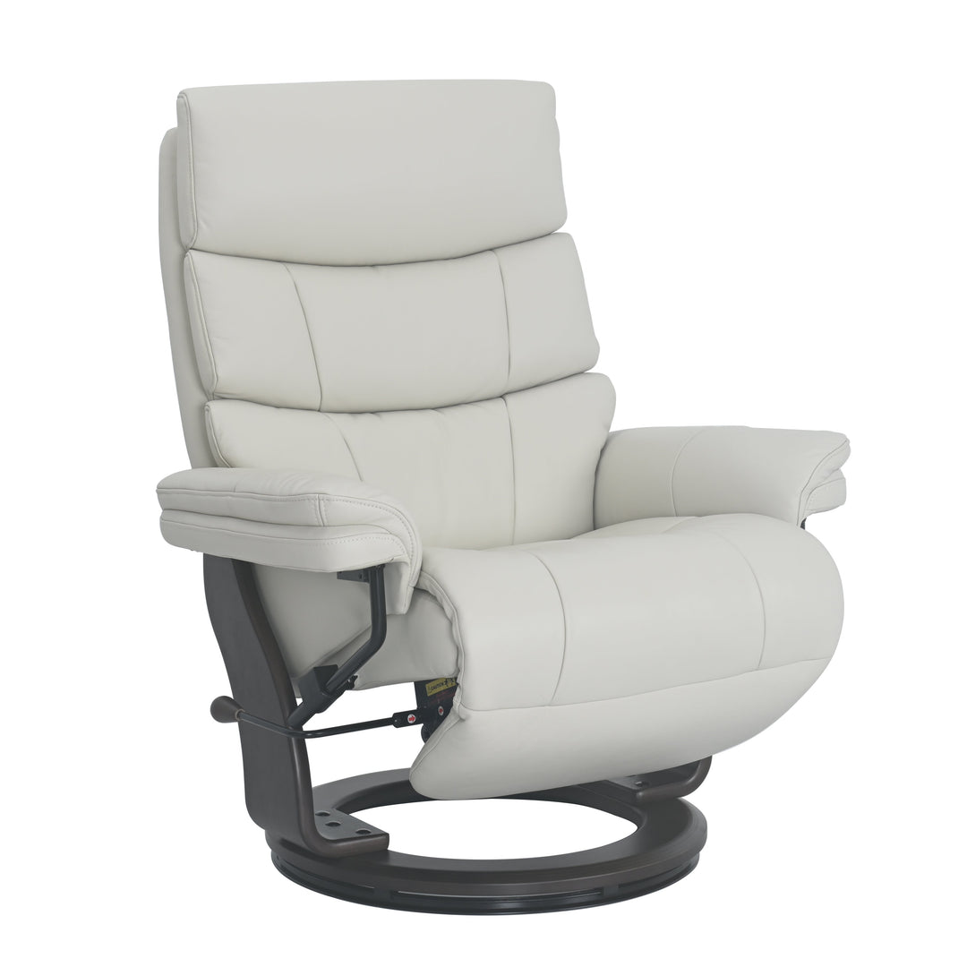 A modern high-back recliner chair upholstered in light cream or off-white leather, featuring a dark gray circular swivel base.