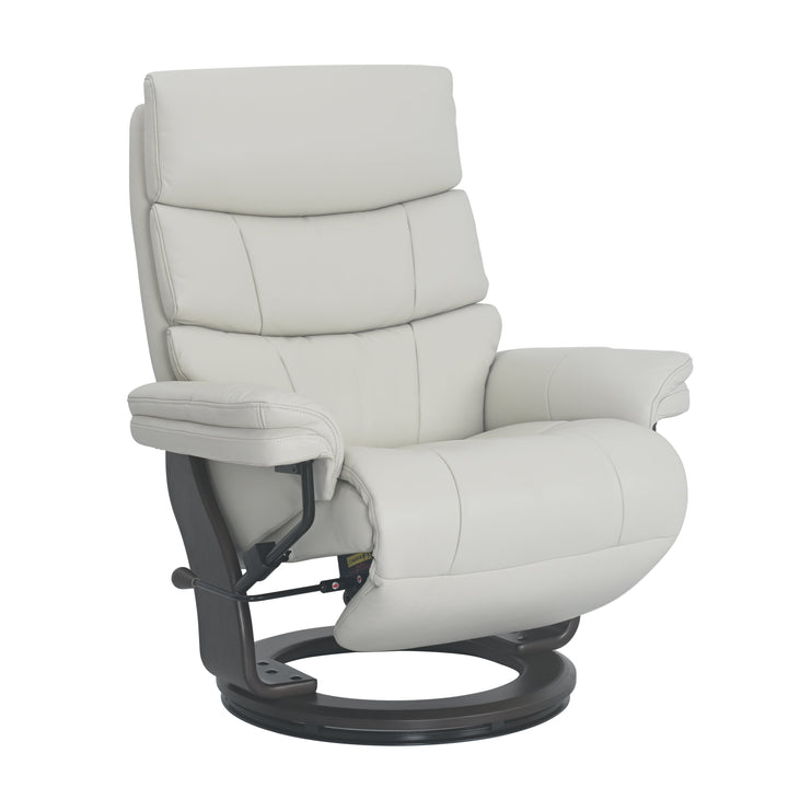 A modern high-back recliner chair upholstered in light cream or off-white leather, featuring a dark gray circular swivel base.
