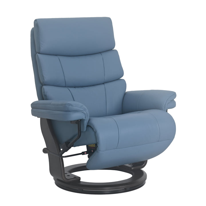 A blue upholstered recliner chair with a high segmented backrest, padded armrests, and a black circular swivel base, shown on a plain white background.