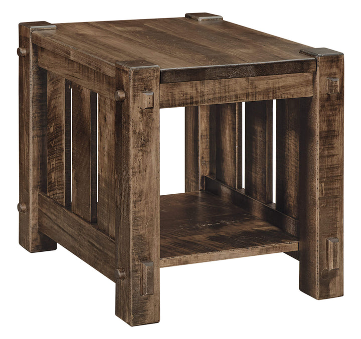 Wooden side table with a rustic finish on a white background