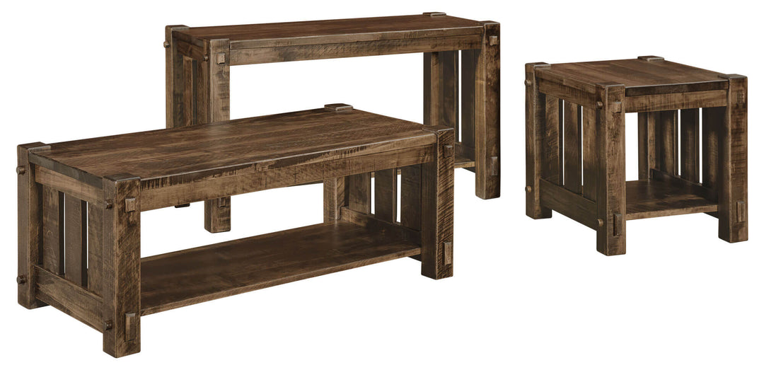 Set of three wooden benches with a rustic finish on a white background