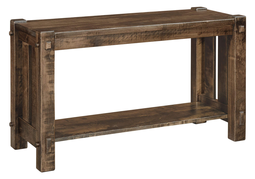 Wooden console table with a rustic finish on a white background