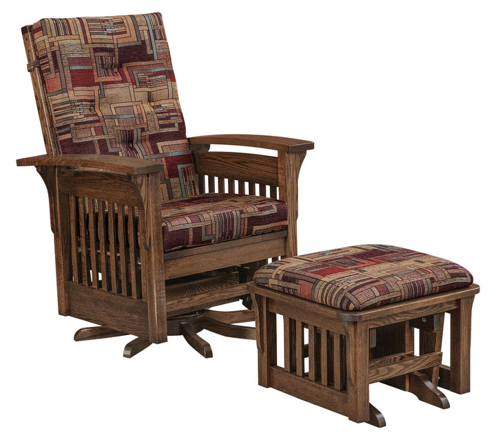 Wooden armchair with patterned cushion and matching ottoman on a white background