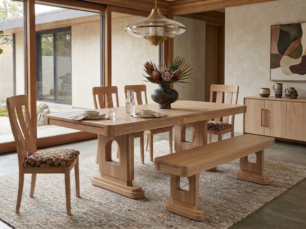 Wooden dining set with table, chairs, and bench in a modern living room.