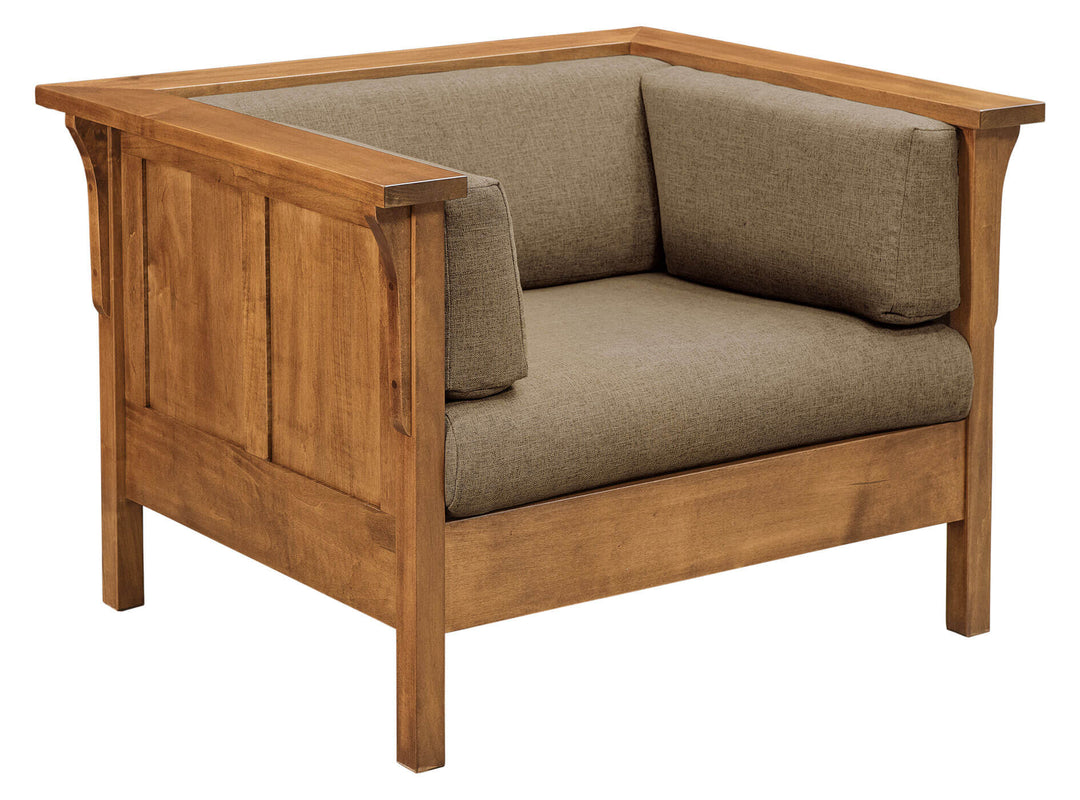 Wooden armchair with brown cushions on a white background