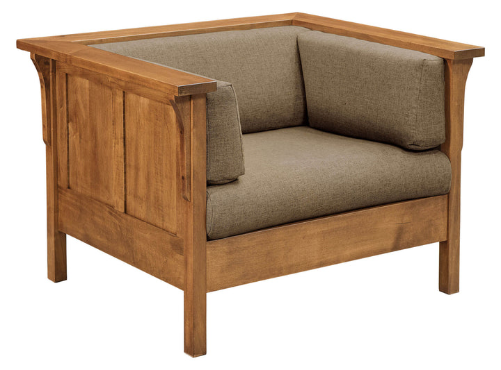 Wooden armchair with brown cushions on a white background