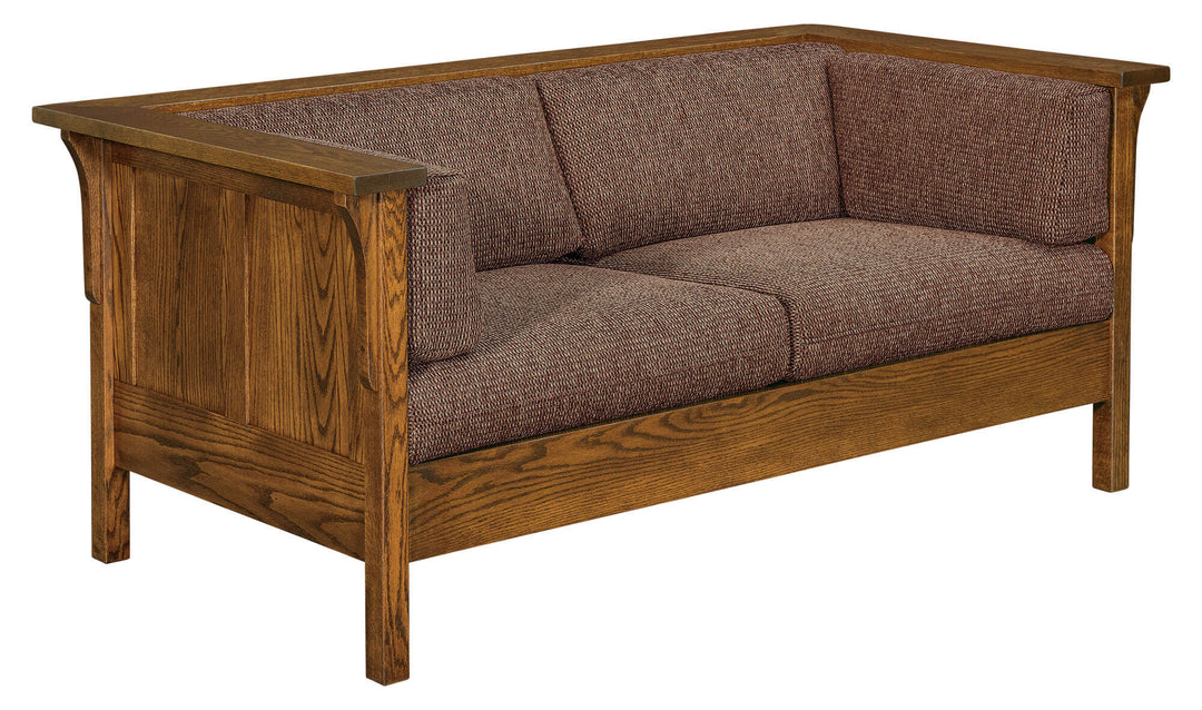 Wooden sofa with brown fabric cushions on a white background