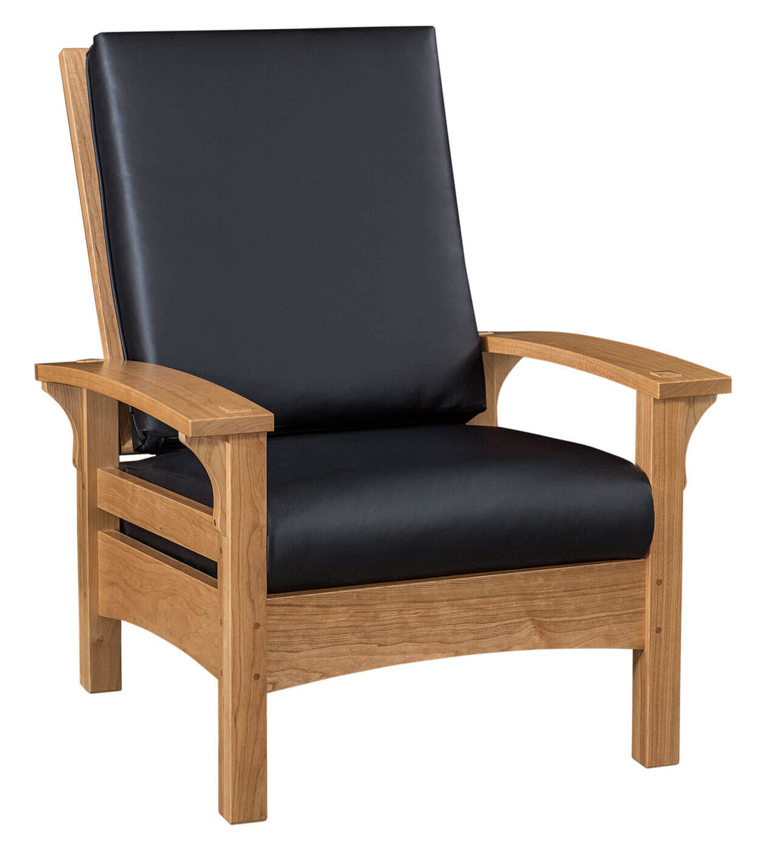 Wooden armchair with black leather seat and backrest on a white background