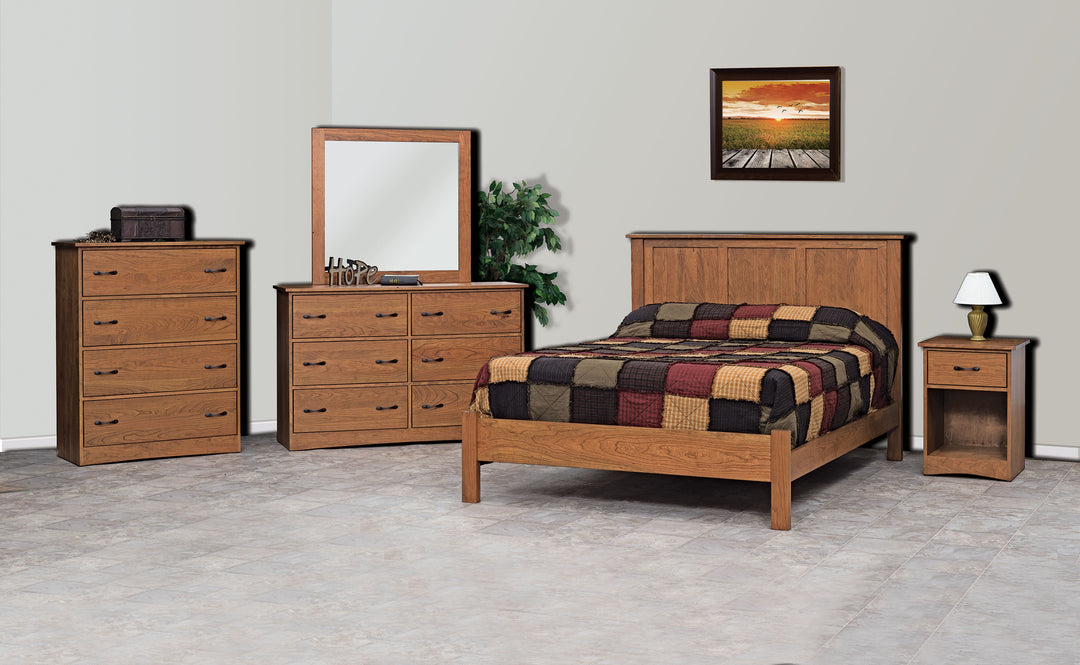 Wooden bedroom furniture set including bed, dresser, mirror, and nightstands in a room setting.