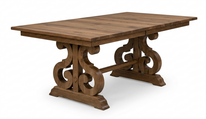 Wooden table with intricate legs on a white background
