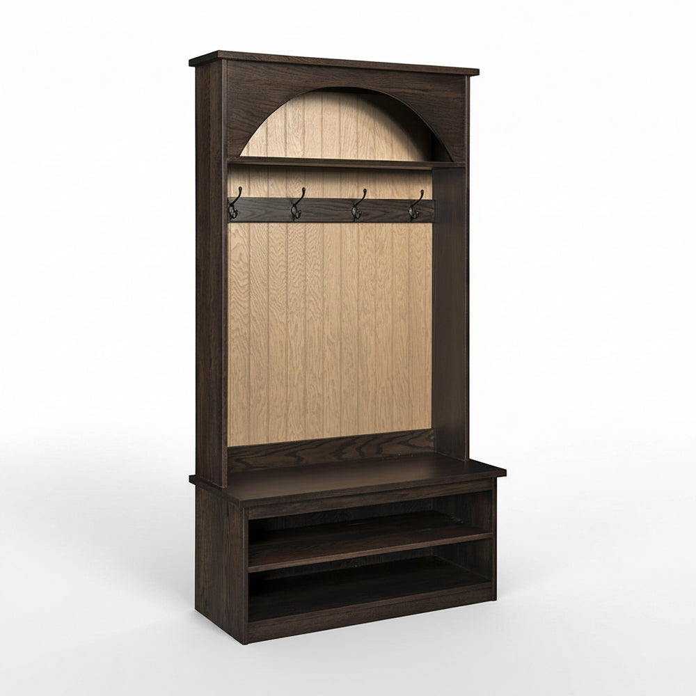 Wooden hall tree with coat hooks and storage shelf on a white background