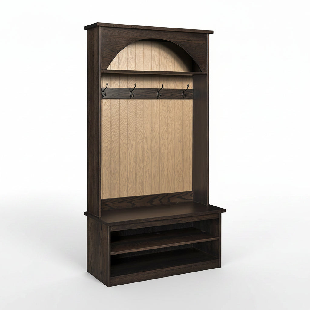 Wooden hall tree with coat hooks and storage shelf on a white background