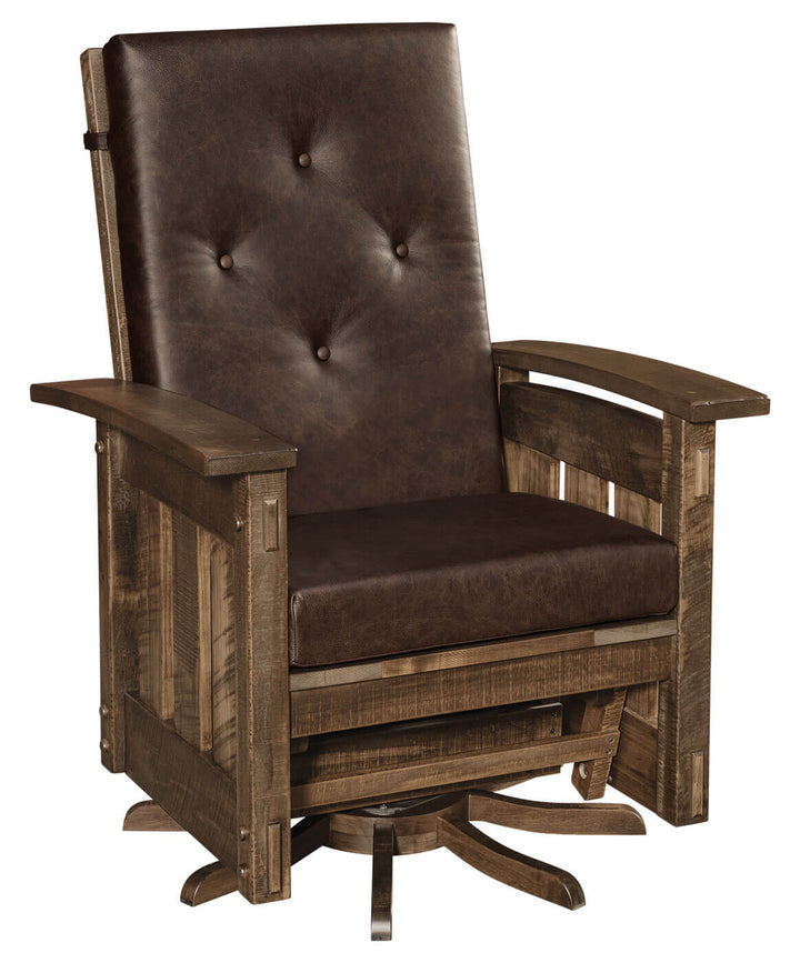 Brown wooden swivel chair with tufted cushion on a white background