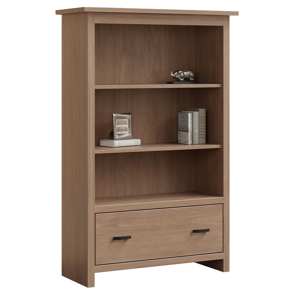 Wooden bookshelf with a drawer on a white background