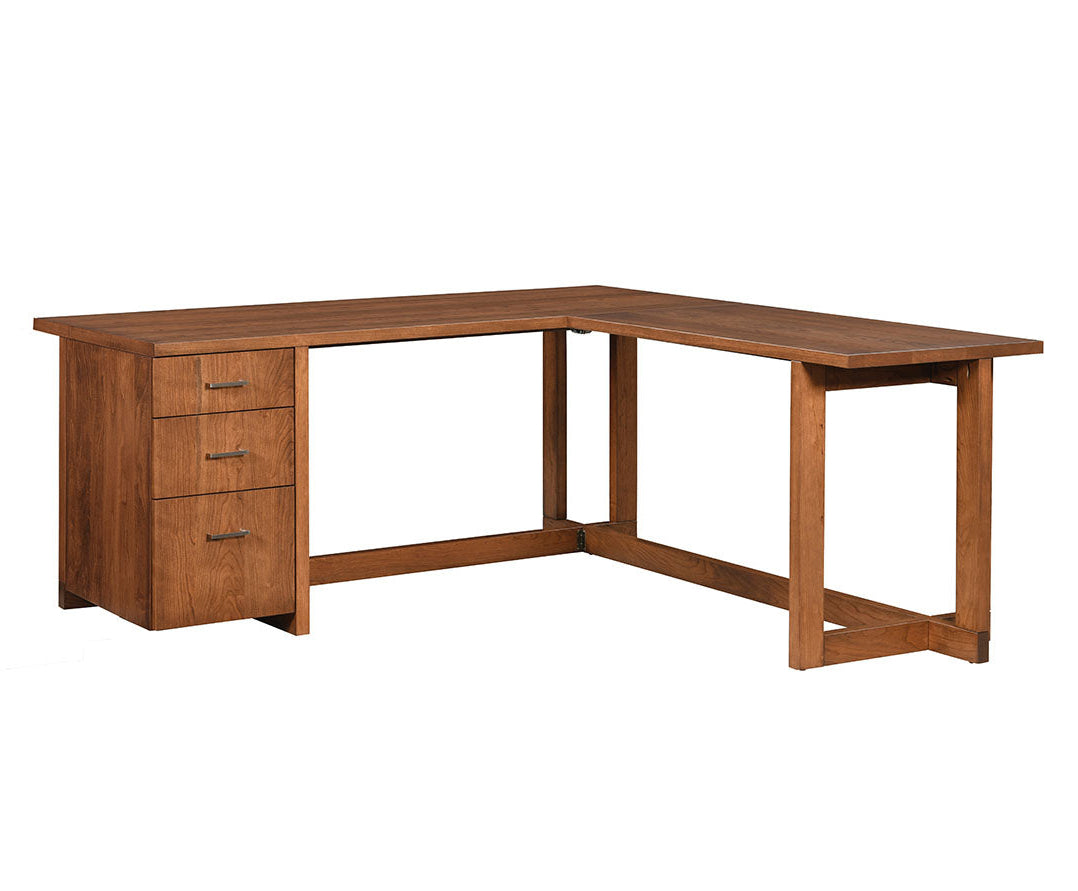 Wooden L-shaped desk with drawers on a white background